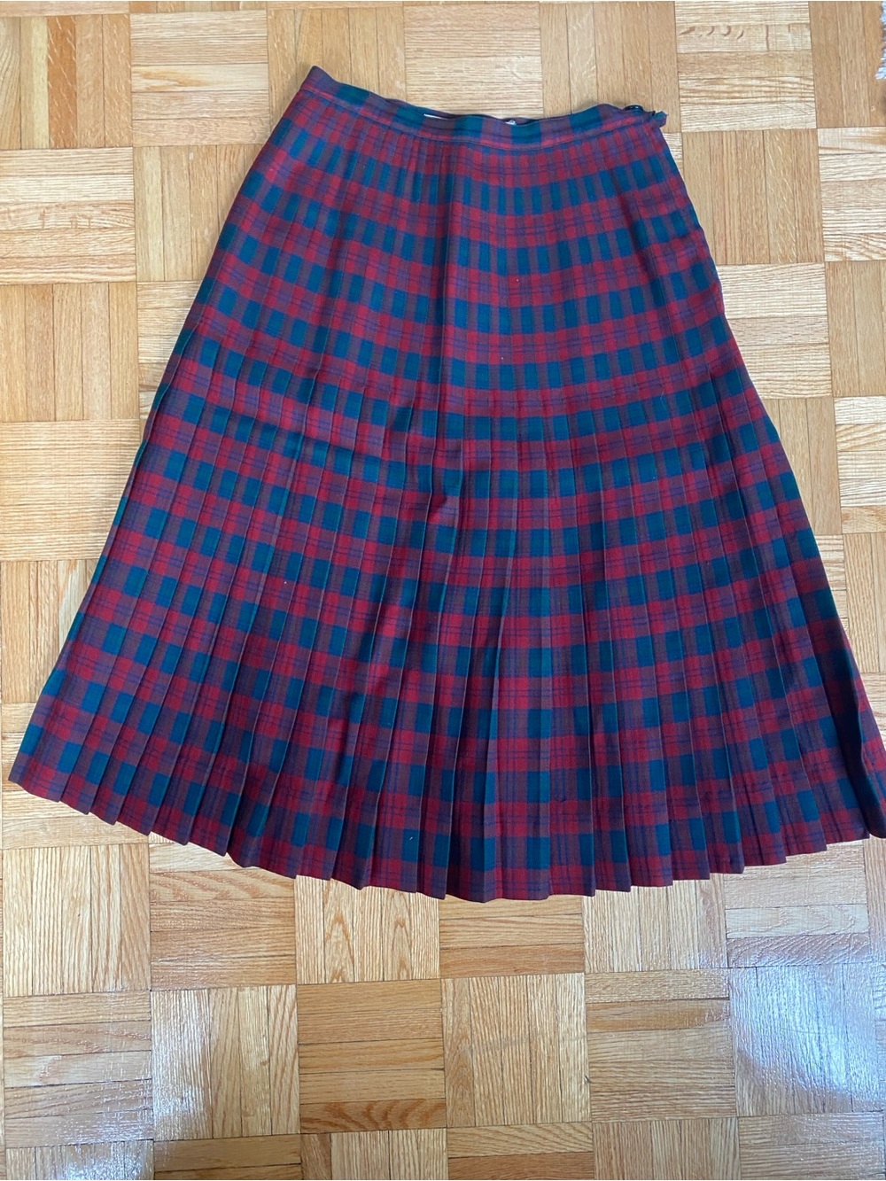 1950s Pleated Red and Navy Plaid Midi Skirt